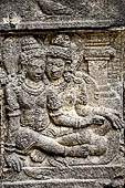 Prambanan - Ramayana reliefs of Shiva Temple. Detail of panel of Rama threatens a bird who stole offerings. 